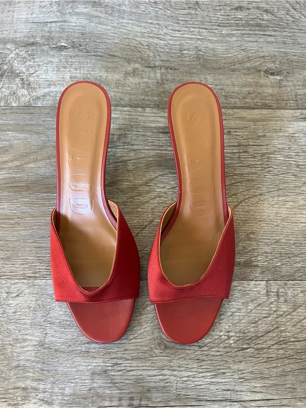 STAUD Brigitte Satin Mules in Burgundy